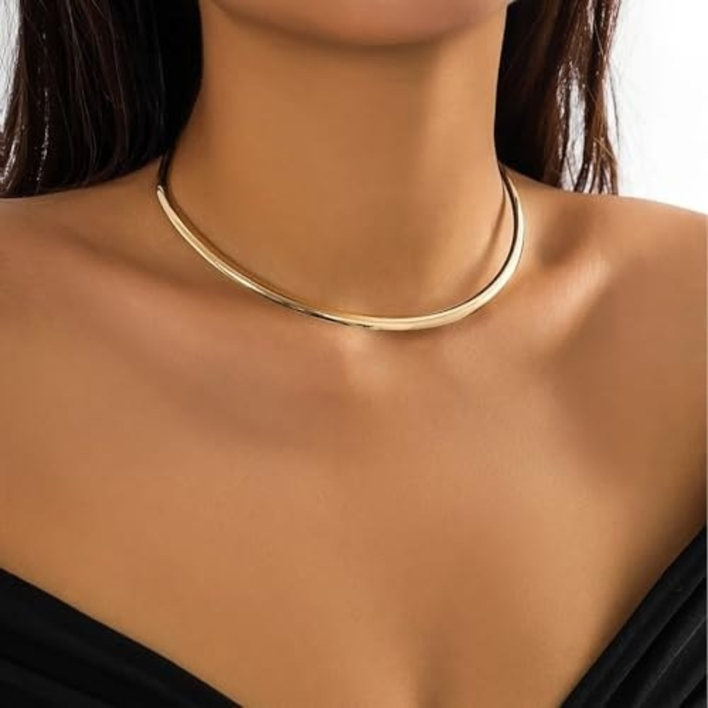 Gold Minimalist Torque Choker Necklace Sleek Rigid Collar Open Front‎ Statement